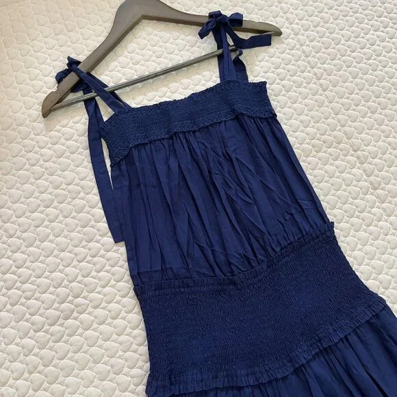 NWOT Tory Burch Smocked Shoulder-Tie Jumpsuit Size XS Navy Blue
